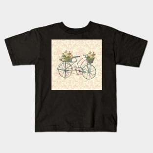Floral Print Farmhouse Bicycle & Baskets of Flowers Gardener Damask Gift Kids T-Shirt